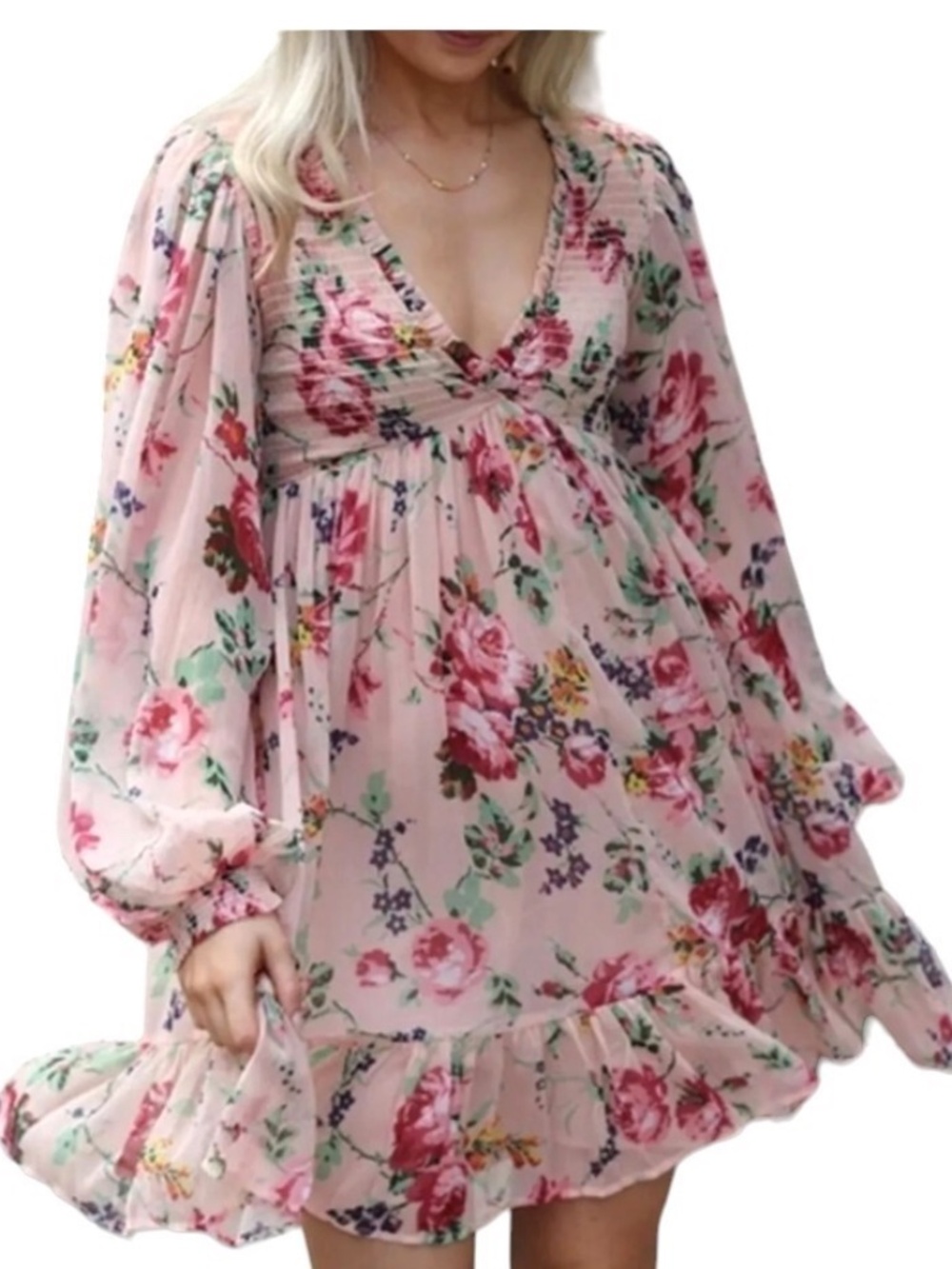 BY TIMO FLORAL PRINT LONG SLEEVE CHIFFON MINI DRESS Small 95%off